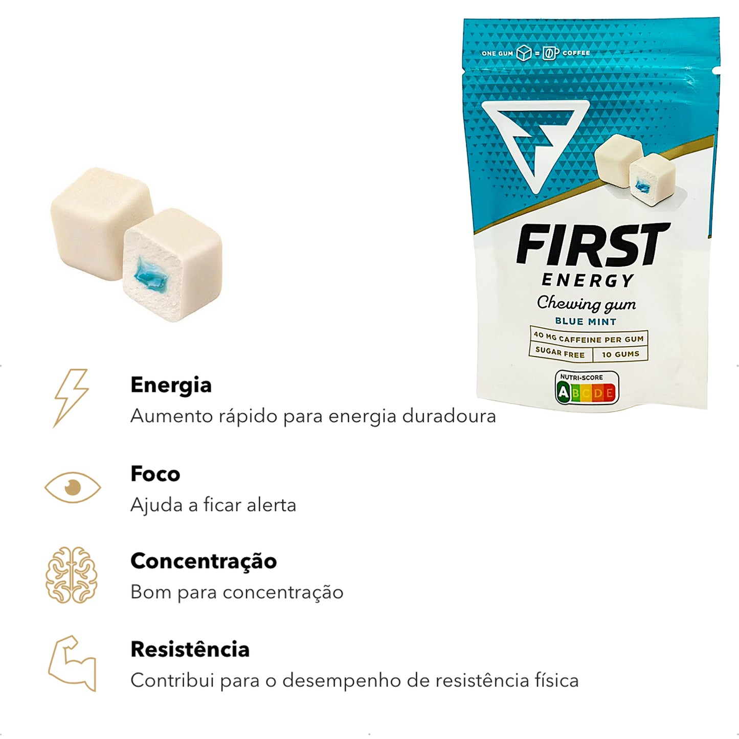 Chiclete Energético First Gum Cafeína Hortelã/Menta