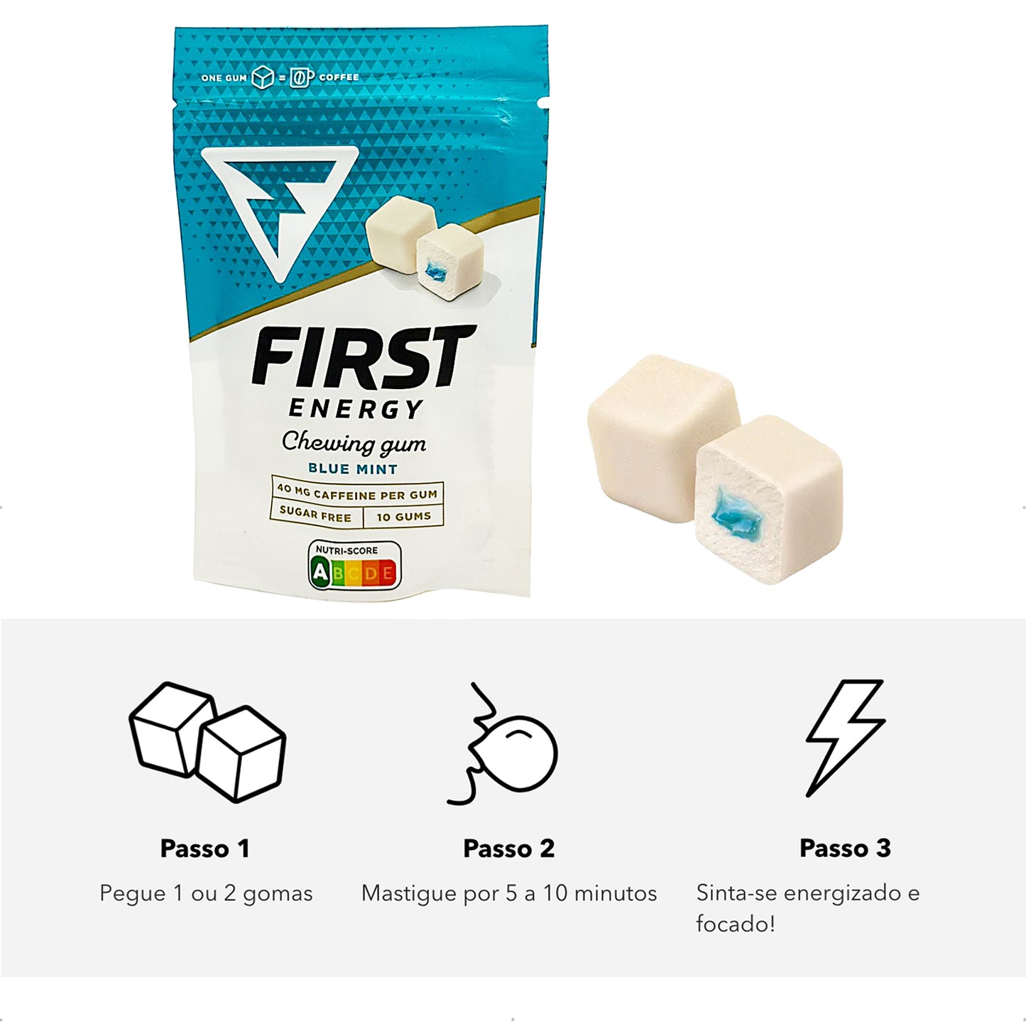 Chiclete Energético First Gum Cafeína Hortelã/Menta