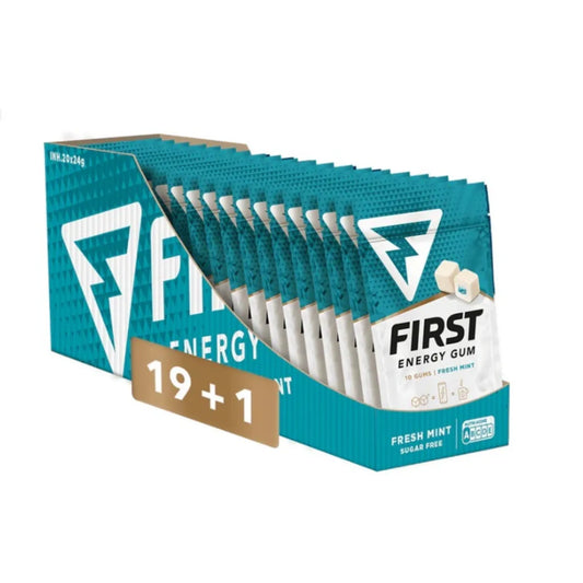 Caixa com 20 sachês First Energy Gum 40mg Fresh Mint. Energia rápida, sem açúcar e efeito em até 10 minutos.
