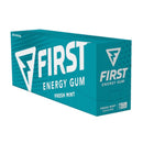 Caixa com 20 sachês First Energy Gum 40mg Fresh Mint. Energia rápida, sem açúcar e efeito em até 10 minutos.