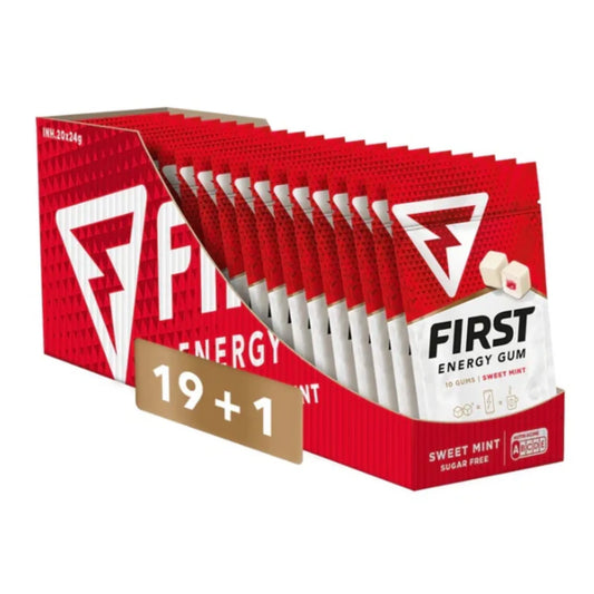 Caixa com 20 sachês First Energy Gum 40mg Sweet Mint, chiclete energético sem açúcar com absorção rápida