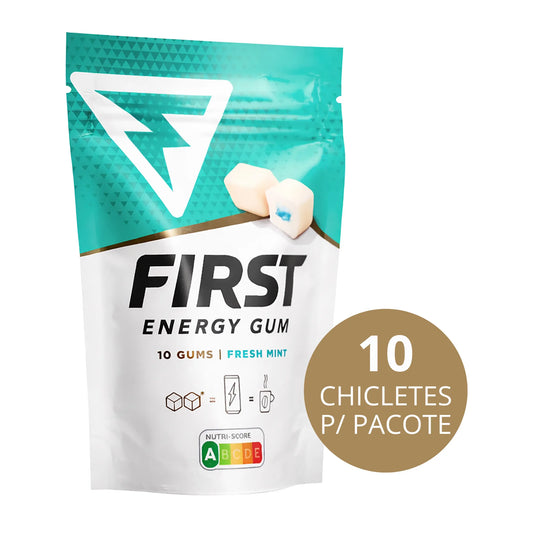 Chiclete energético First Energy Gum 40mg cafeína Fresh Mint sem açúcar com absorção rápida