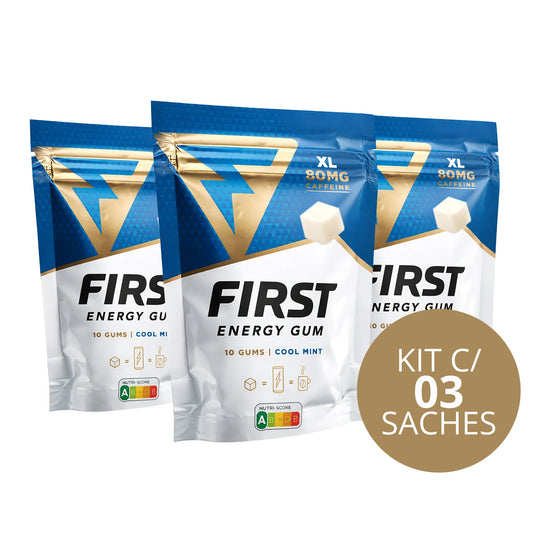 Kit com 3 sachês First Energy Gum 80mg Cool Mint, chiclete energético sem açúcar com energia rápida