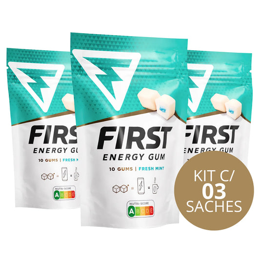 Kit com 3 unidades First Gum Cafeína Fresh Mint, chiclete energético sem açúcar com absorção rápida