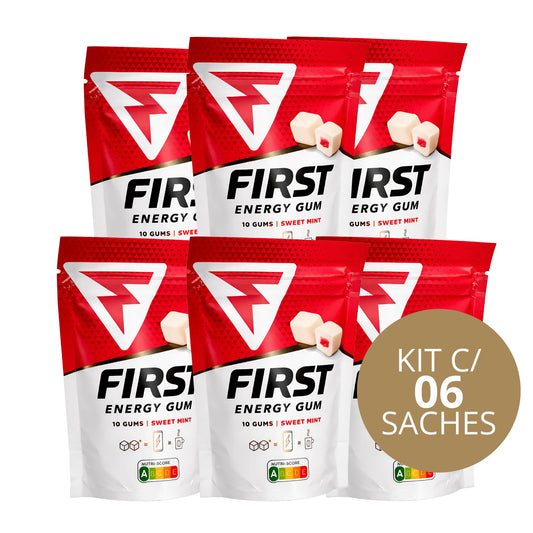 Kit c/6 Chiclete Energético First Energy Gum 40mg de Cafeina Sabor Menta