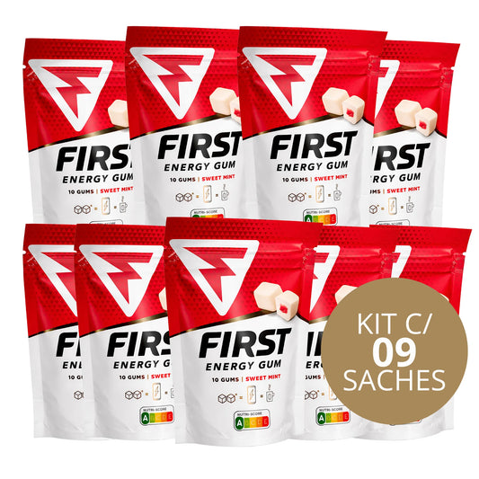 Kit com 9 sachês First Energy Gum 40mg Sweet Mint, chiclete energético sem açúcar com absorção rápida